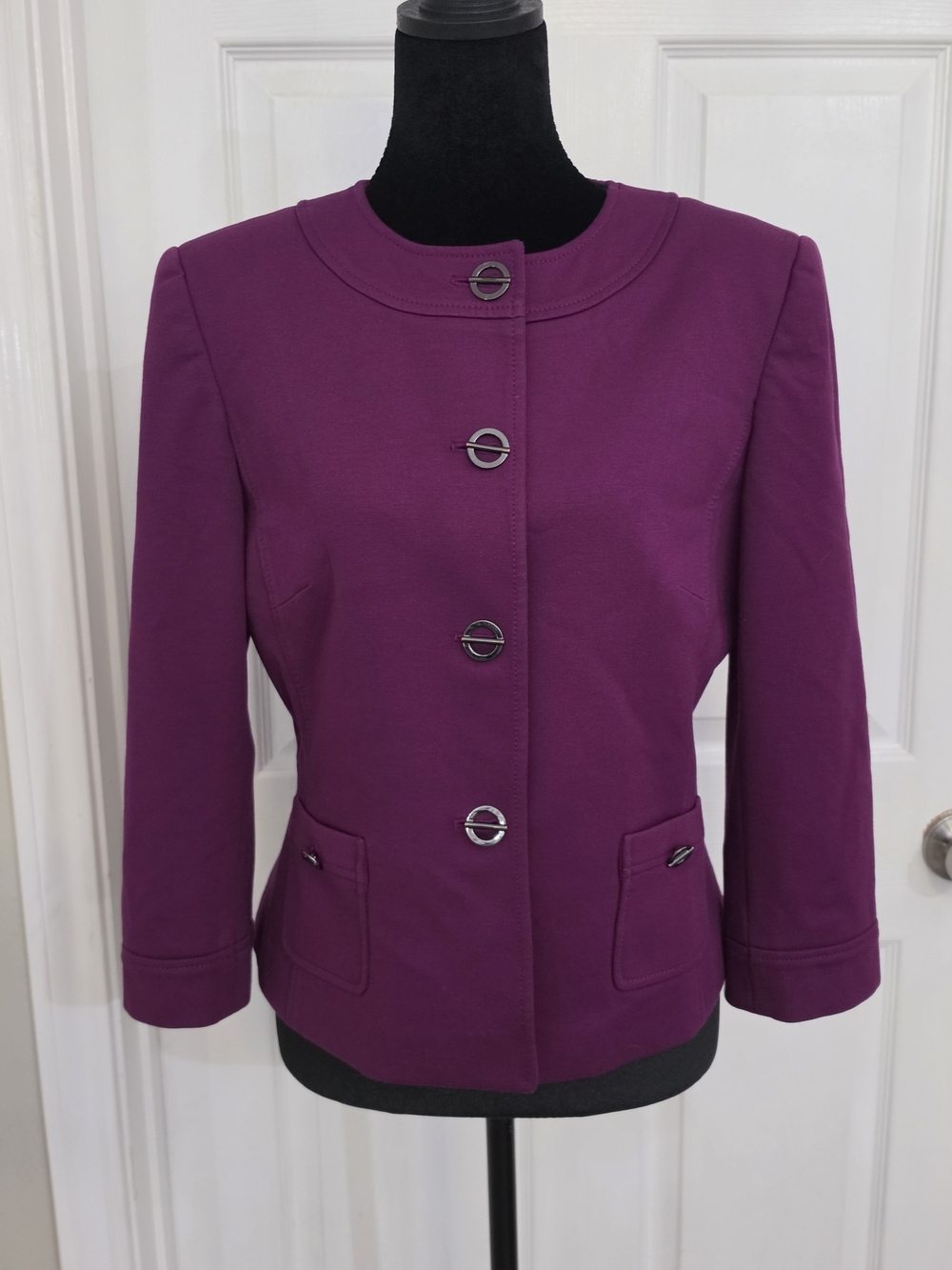 Women's Plum Collarless Structured Blazer with Decorative Buttons